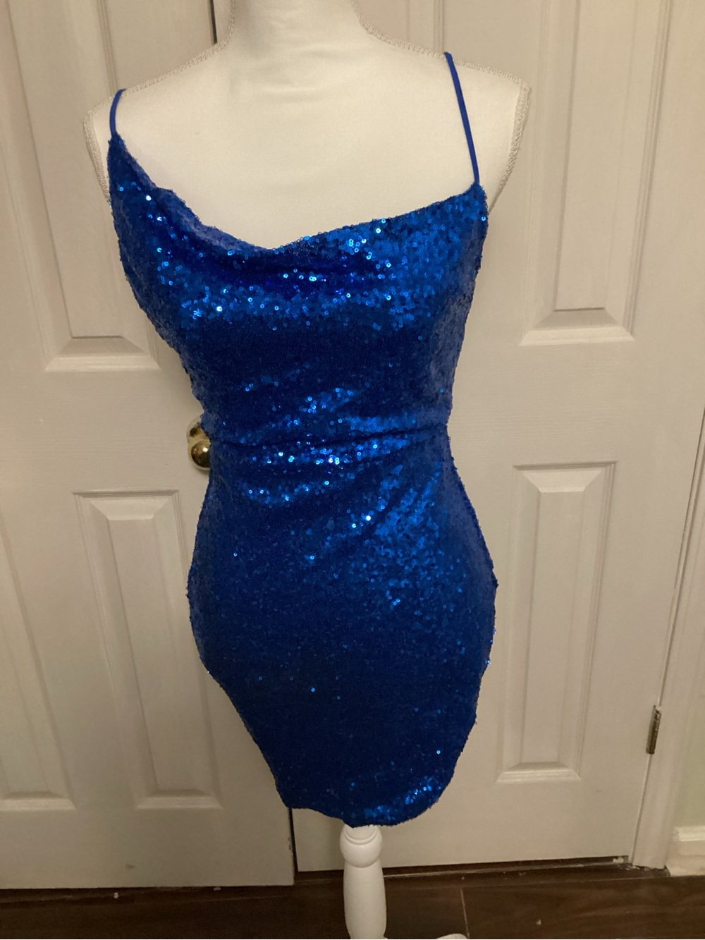 Electric Blue Sequin Cowl Neck Mini Dress